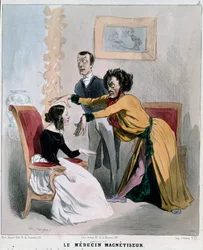 Serie „Kranke und Ärzte“: der Magnetiseur. Karikatur eines Hypnotiseurs während der Hypnose eines Patienten. Gravur von Charles Jacques