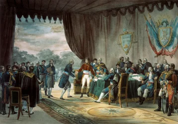 Unterzeichnung des Vertrags von Mortefontaine am 30.09.1800, bei dem Frankreich (vertreten durch Napoleon Bonaparte (1769-1821)) Louisiana an die Vereinigten Staaten verkauft. Lithographie von C. Motte (19. Jahrhundert). Paris, B.N.