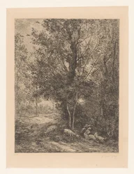 Wald mit ruhenden Ziegenhirten