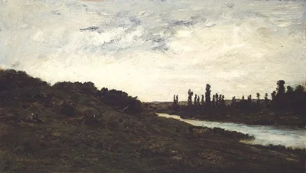 Hirten und Vieh in einer bewaldeten Flusslandschaft