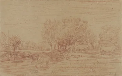 Landschaft mit grasenden und trinkenden Kühen und einem zuschauenden Stier