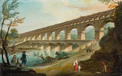 Flusslandschaft mit Figuren auf einer Straße neben einem doppelten Aquädukt