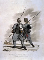Soldaten des 1. Regiments der Fußgardisten in Marschordnung, aus 