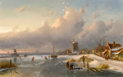 Eine Winterlandschaft mit Windmühlen und Schlittschuhläufern auf einem zugefrorenen Wasserweg, 1840er-50er Jahre