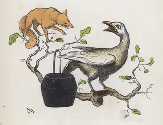 Fuchs und eine Gans mit ihrem Schwanz in einem Topf Kleber