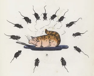 Gefräßige Katze auf einem Teller, umgeben von hungrigen Mäusen (farbige Gravur)
