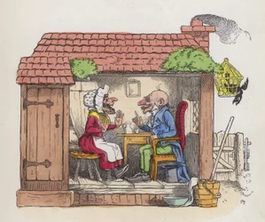 Mann bringt seine Frau zum Lachen (farbige Gravur)
