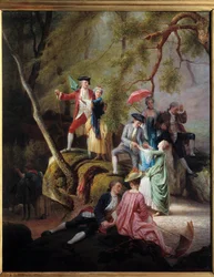 Ländliche Unterhaltung Galante Szene während eines Spaziergangs von Adligen. Gemälde von Charles Gustave Housez (1822-1880) 19. Jahrhundert. Private Sammlung