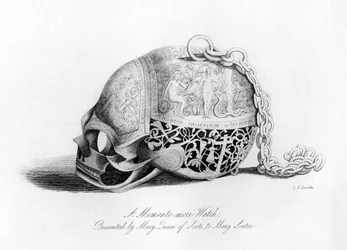 Memento-Mori-Uhr, präsentiert von Maria Stuart an Mary Seaton, 16. Jahrhundert, 1840