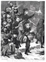 Die Hungrigen füttern, eine Suppenküche in London, 1880