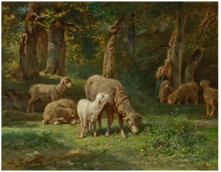 Hirtin, die ihre Herde hütet