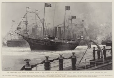 Die Krönungsflottenparade in Spithead, 16. August, die Yacht Seiner Majestät, die Victoria und Albert, mit dem König an Bord, passiert die Linien