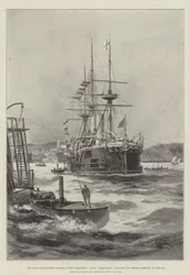 Die Marine-Manöver, Reserveflottenoperationen, HMS Alexandra, Flaggschiff von Admiral Domvile, in der Tor Bay