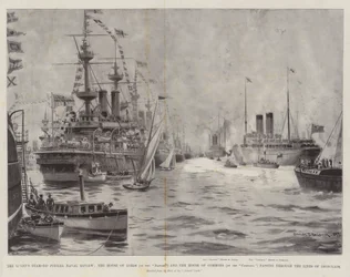 Die Marineparade zum Diamantenen Jubiläum der Königin, das House of Lords (auf der Donau) und das House of Commons (auf der Campania) passieren die Reihen der Panzerschiffe