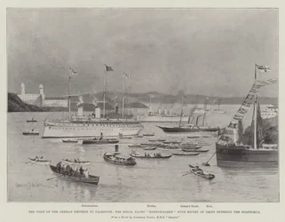 Der Besuch des deutschen Kaisers in Palästina, die königliche Yacht Hohenzollern mit Begleitschiffen beim Einlaufen in den Bosporus