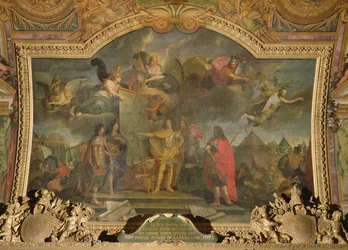 König Ludwig XIV. (1638-1715) gibt den Befehl, gleichzeitig vier der stärksten niederländischen Positionen anzugreifen, Deckenmalerei aus der Galerie des Glaces