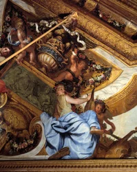 Salon der Musen, Detail: die Musik. Gemälde in Trompe-l