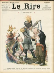 Illustration von Charles Leandre (1862-1934) für das Titelblatt von Le Lire, 25/07/14 - „Verzaubernder Monsieur Viviani, einen Sozialisten so nah zu sehen, aber wenn Sie ein russischer Untertan wären, wäre es nicht dieses Seil, das ich Ihnen anlegen würde.