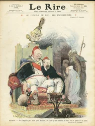 Illustration von Charles Leandre (1862-1934) für das Cover von Le Rire, 25/10/13 - Beim Rat von Pau: die Exkommunizierten - Religion Glaube, Präsident der Republik, Hut, Sessel (Symbol der Macht) - Combes Emile (1835-1921), Marianne, Poincare Raymond