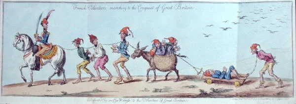 Französische Freiwillige marschieren zur Eroberung Großbritanniens, geätzt von James Gillray (1757-1815), veröffentlicht von Hannah Humphrey im Jahr 1803