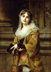 Eine junge Frau vor einer Kirche