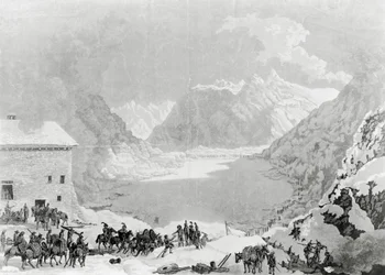 Französische Armee des Ersten Konsuls Napoleon Bonaparte (1769-1821) am Großen St. Bernhard Pass Hospiz, 20. Mai