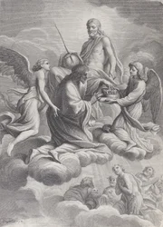 Saint Louis von Frankreich wird von Christus und zwei Engeln in den Himmel aufgenommen, die ihm die Krone anbieten