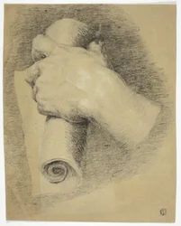 Hand, die eine Papierrolle hält