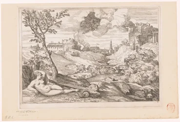 Landschaft mit Andromeda, bewacht vom Drachen, und Perseus, der in einer Wolke heranfliegt