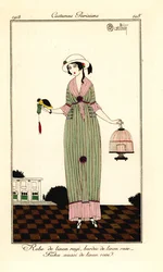 Frau im gestreiften Leinenkleid mit einem Vogel und Käfig