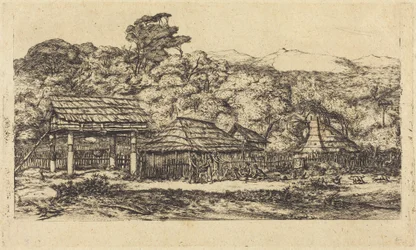 Einheimische Scheunen und Wohnstätten in Akaroa, Banks-Halbinsel, 1845