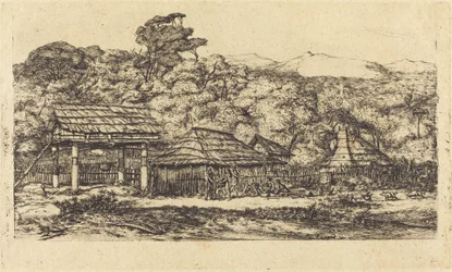 Einheimische Scheunen und Hütten in Akaroa, Banks-Halbinsel, 1845