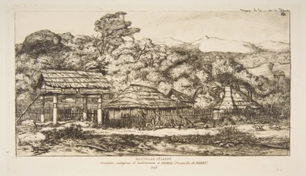 Einheimische Scheunen und Hütten in Akaroa auf der Banks-Halbinsel, 1845, aus „Die Reise nach Neuseeland (1842-46)“