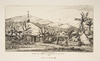 Neukaledonien: Große Eingeborenenhütte an der Straße von Balade nach Puebo, 1845, aus „Die Reise nach Neuseeland (1842-46)“