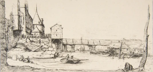 Die Fußgängerbrücke, die vorübergehend die Pont-au-Change ersetzt, Paris, nach dem Brand von 1621