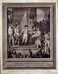 Napoleon verteilt die Sterne der Ehrenlegion an die Invaliden, 26. Messidor Jahr XII. Radierung von Charles Monnet