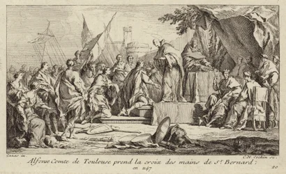 Alfons I., Graf von Toulouse, nimmt das Kreuz aus der Hand von Bernhard von Clairvaux und gelobt, am Zweiten Kreuzzug teilzunehmen