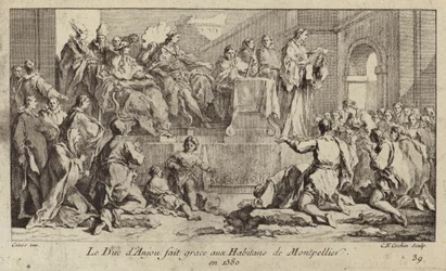 Ludwig I., Herzog von Anjou, Regent von König Karl VI. von Frankreich, dankt den Menschen von Montpellier