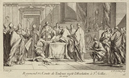 Raymond VI., Graf von Toulouse, demütigt sich in der Kirche von St. Gilles, um seine Exkommunikation aufheben zu lassen