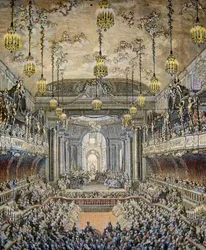 Darstellung der Ballettkomödie „La Princesse de Navarre“ in Versailles, anlässlich der Hochzeit von Louis Dauphin von Frankreich mit Marie Therese von Spanien (1726-1746) in Versailles am 23. Februar