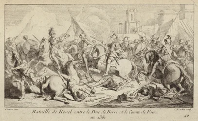 Die Armeen des Herzogs von Berry und des Grafen von Foix kämpfen in der Schlacht von Revel, Frankreich