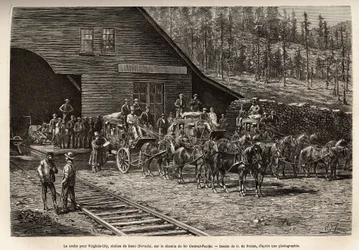 Der Bahnhof von Reno, um das Ticket für Virginia City (Nevada) zu nehmen, auf der Central Pacific Railway (Central Pacific), graviert nach der Zeichnung von O. de Penne, zur Illustration der Reise von Washington nach San Francisco, 1868, von L. Simonin, ve