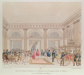 Das Aussteigen des Kaisers und der Kaiserin aus der Kutsche unter der Vorhalle des Tuilerienpalastes am Tag ihrer Hochzeit