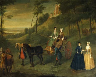 Damen und Ehrendamen im Greenwich Park: Eine Gruppenporträt von Juliana, Herzogin von Leeds, Lady Charlotte Hamilton, Lady Isabella Tufton und Henrietta, Gräfin von Pomfret, alle in Reitkleidung, mit Stallbursche und Pferden vor dem Observatorium, 173