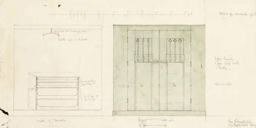Entwurf für einen Kleiderschrank, in Aufriss der Vorderseite und des Inneren dargestellt, ca. 1899-1900