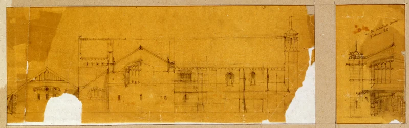 Entwurf für die Fassade einer Kirche in Aufriss und ein Nebendesign für den Eingang der Kirche, in Aufriss, ca. 1895-99