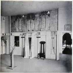 Innenansicht eines dekorativen Kunstsalons in Wien, um 1900 (Dekor und Möbel von Charles Rennie und Margaret MacDonald Mackintosh)
