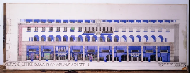 Bisher nicht verzeichnete architektonische Zeichnungen für ein Geschäft und eine Arkadenstraße, ca. 1915