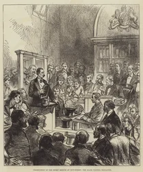 Verfolgung des Geistermediums in Bow-Street, die Schrifttafel erklärt