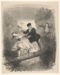 Ballettszene mit Mann und Frau über Abgrund